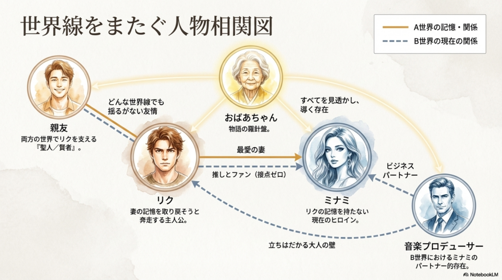 リク、ミナミ、親友、おばあちゃん、音楽プロデューサーの5名の関係性を、A世界とB世界それぞれの視点から描いた詳細な相関図。
