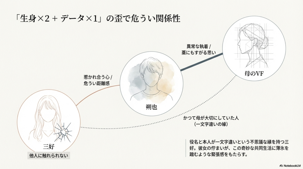 朔也を中心に、他人に触れられない三好、そして異常な執着の対象である母のVFの3者の関係性を示した相関図。