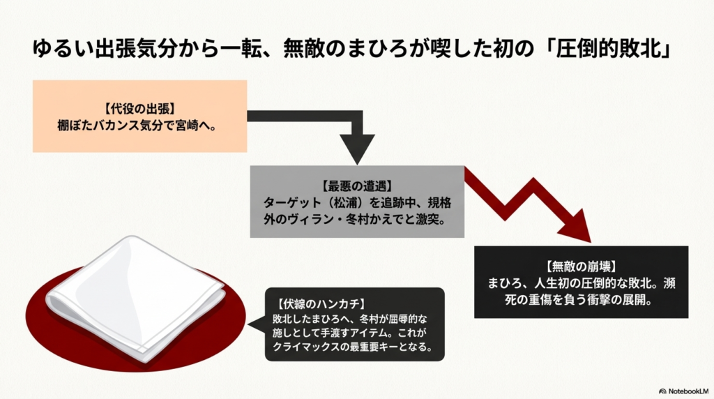 宮崎出張から始まり、冬村かえでとの激突、そしてまひろが人生初の圧倒的敗北を喫し、伏線となる「ハンカチ」を受け取るまでの展開をまとめたスライド。