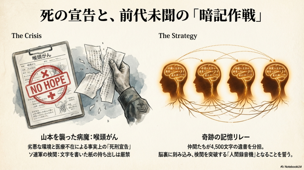 喉頭がんの診断と検閲で破られた紙のイラスト。4,500文字の遺書を分担して暗記する仲間たちのイメージ図。