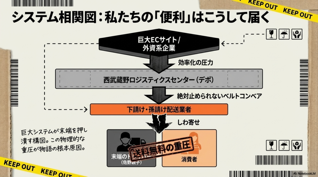 巨大ECサイトからデポ、下請け業者を経て消費者に届くまでの図。末端のドライバーに「送料無料の重圧」というしわ寄せがいっている構図。