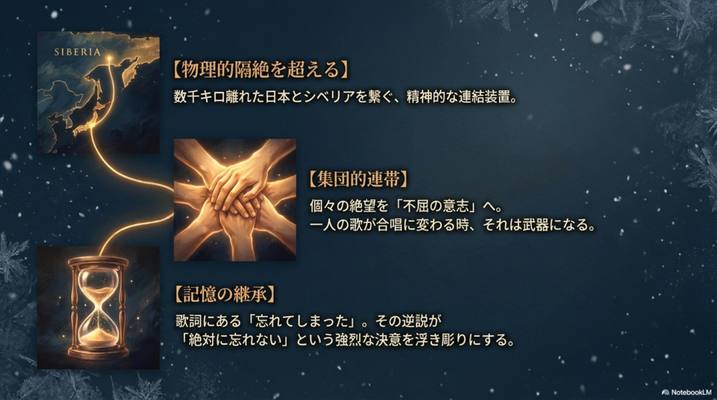 「物理的隔絶を超える絆」「集団的連帯」「記憶の継承」という3つの視点から、劇中歌が抑留者たちにとっていかに重要な精神的支柱であったかを解説。