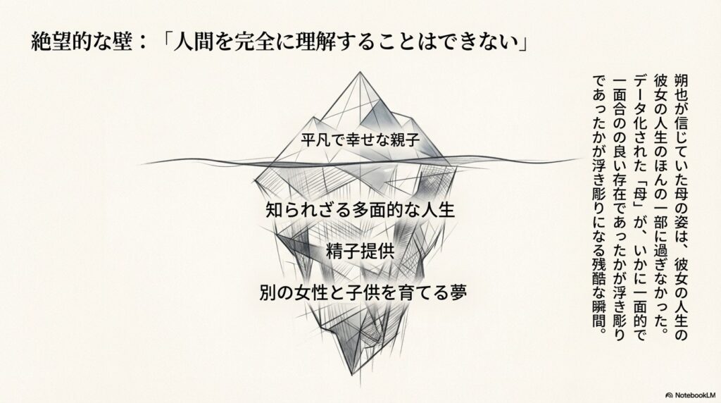 氷山のイラストを用いて、水面上の「平凡で幸せな親子」という姿の下に、精子提供や別の女性との夢など、知られざる多面的な人生が隠されていたことを示す図解。