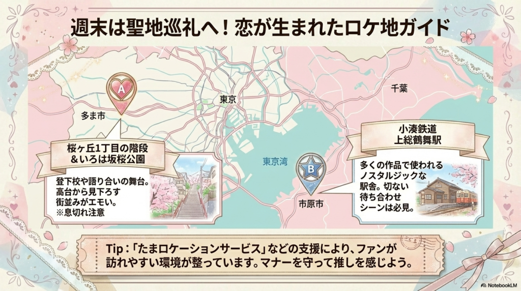 東京都多摩市（桜ヶ丘1丁目の階段など）と千葉県市原市（上総鶴舞駅）の主要スポットを示したマップスライド。