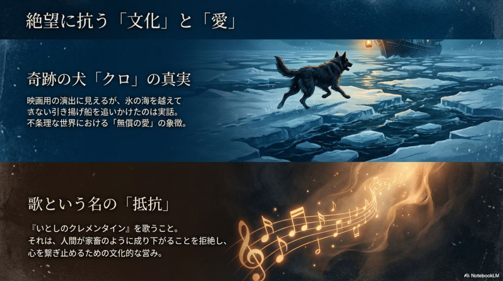 実話に基づいた奇跡の犬「クロ」のエピソードと、人間としての尊厳を保つための「歌」という抵抗について解説したスライド
