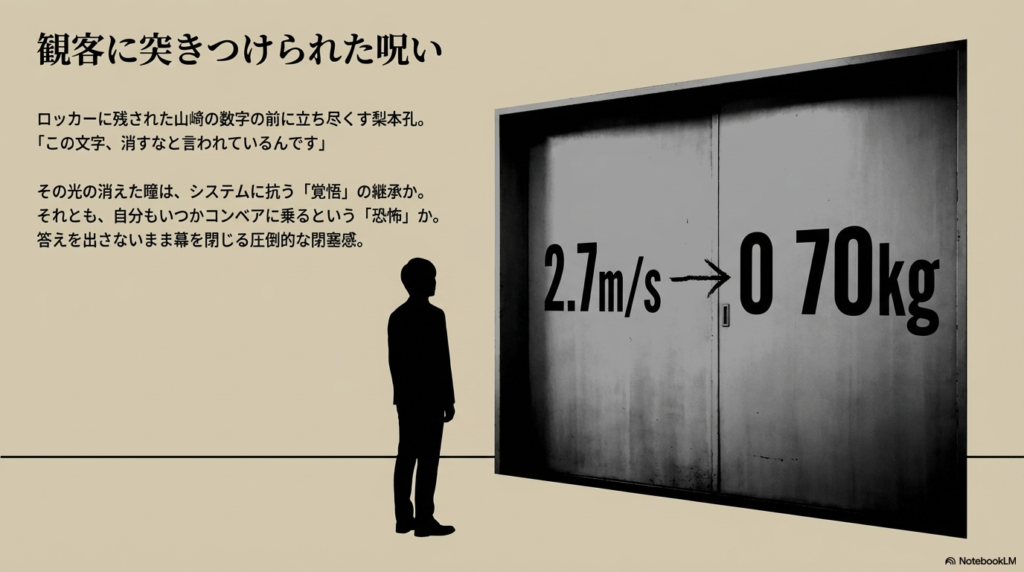 「観客に突きつけられた呪い」という見出し。ロッカーの数字を前に立ち尽くす梨本の瞳が、覚悟の継承か恐怖か、閉塞感漂う結末を考察するスライド 。