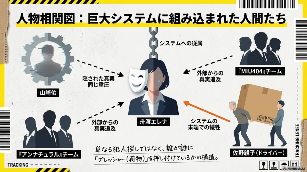舟渡エレナ、山崎佑、佐野親子に加え、『MIU404』や『アンナチュラル』のチームがどう関わっているかを示す相関図。