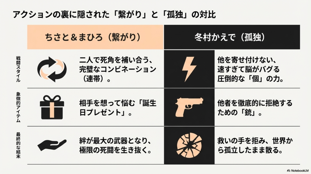 ちさと＆まひろと冬村かえでを「戦闘スタイル」「象徴的アイテム」「結末」の3項目で比較した表。連帯と個、プレゼントと銃の対比。