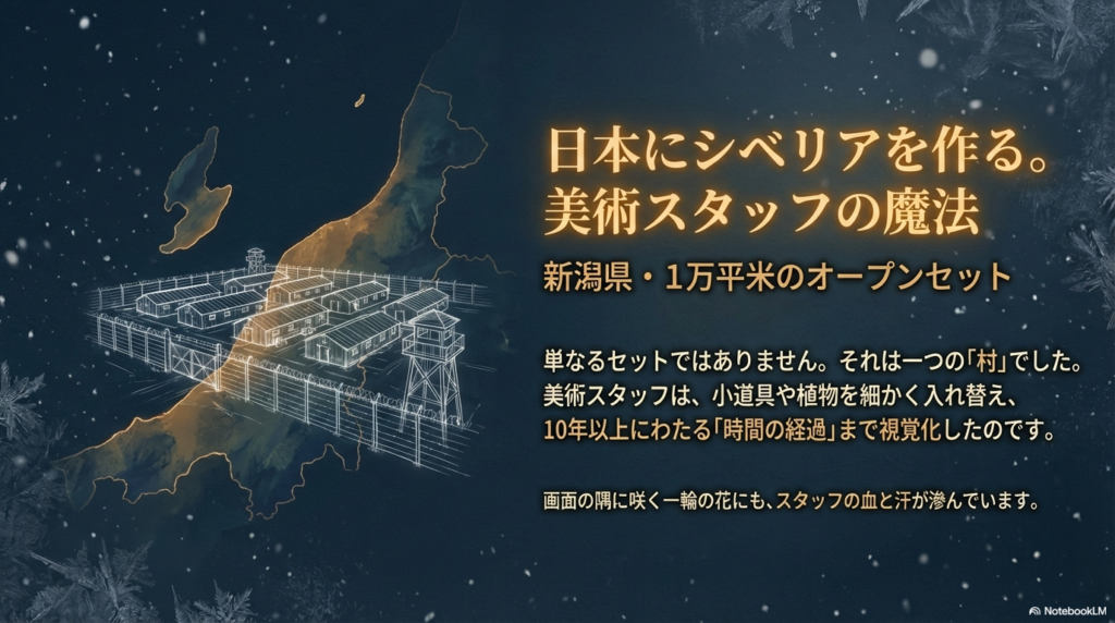 新潟県の広大な敷地に建設された収容所セットの解説。単なるセットではなく、10年以上の時の経過まで視覚化した美術スタッフの執念について。