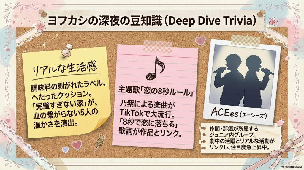 :生活感を演出する美術のこだわり、主題歌「恋の8秒ルール」、ジュニア内グループACEesについてのトリビアをまとめたスライド。