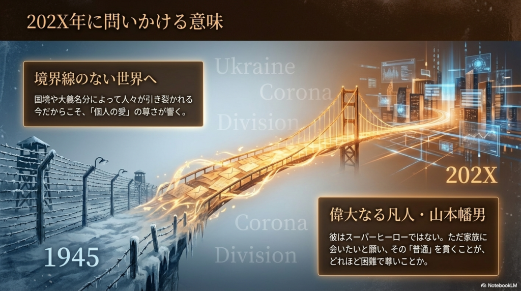 ウクライナ情勢やコロナ禍といった現代の境界線と1945年を重ね合わせ、個人の愛の尊さを説くスライド
