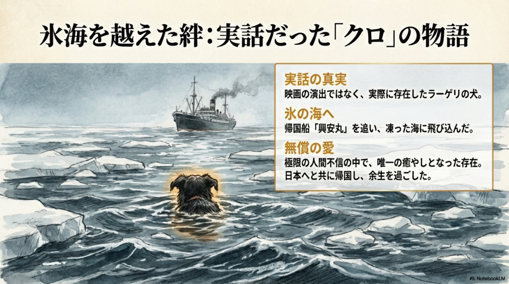 凍った海を泳いで帰国船「興安丸」を追い、仲間に引き上げられる犬のクロと抑留者たちの感動的なイラスト。