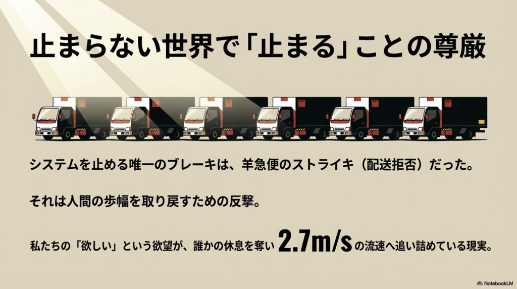 システムを止める唯一のブレーキとしてのストライキを、人間の歩幅を取り戻すための反撃と表現し、消費者の欲望と配送員の休息の現実を描いたスライド 。