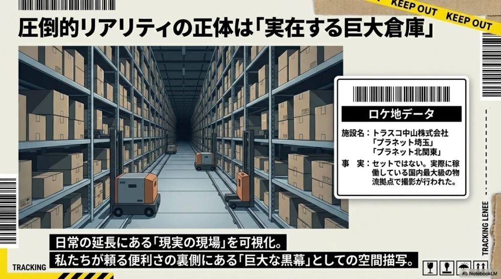 地平線まで続くような巨大倉庫の棚と、自動搬送ロボットが並ぶ圧倒的なスケールの写真。
