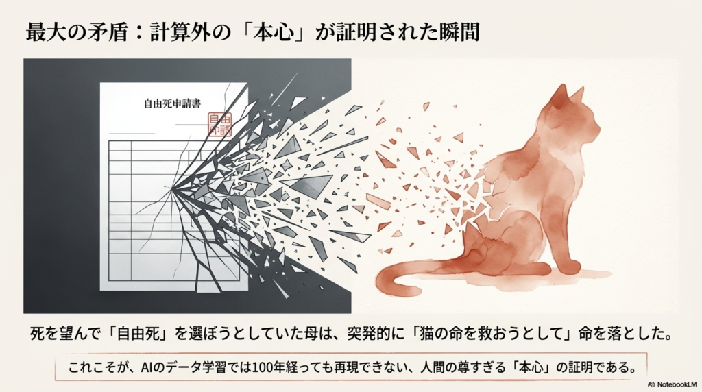 自由死申請書が砕け散り、猫のシルエットへと変化していくイラスト。死を望んでいた母が突発的に猫を助けようとした矛盾こそが「本心」の証明であると説明している。