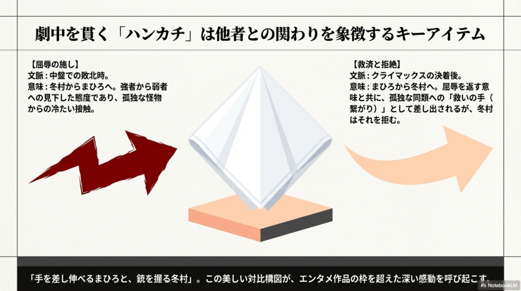 劇中に登場するハンカチの意味を解説。冬村からの「屈辱の施し」から、まひろからの「救いの手」へと意味が変化する対比構造を図示。