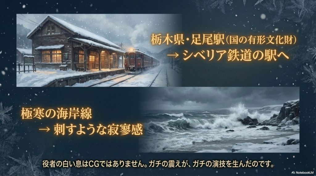 国の有形文化財である栃木県の足尾駅をシベリア鉄道の駅として活用したロケ地の紹介。白い息や震えがCGではないリアルな演技を生んだことを強調。