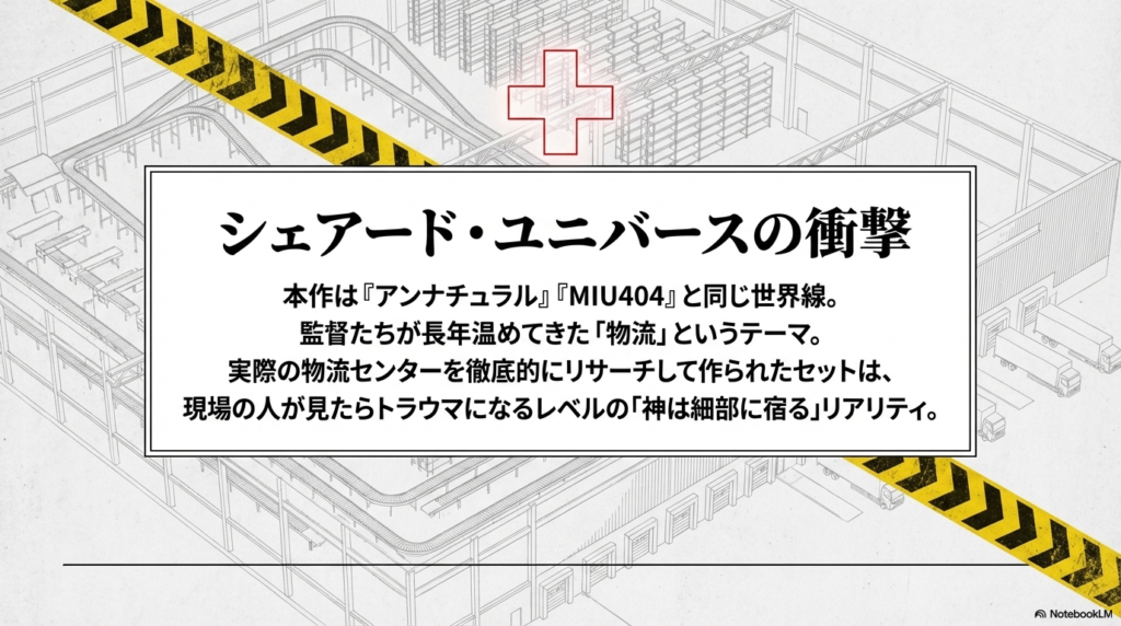『アンナチュラル』『MIU404』と同じ世界線であることや、実際の物流センターを徹底リサーチして作られたセットのリアリティについて触れたスライド 。