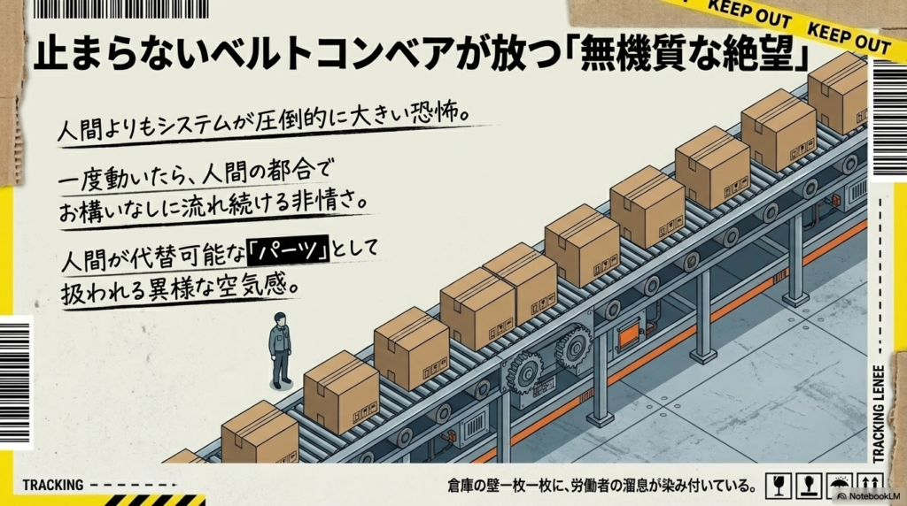 人間よりもシステムが圧倒的に大きい恐怖と、代替可能なパーツとして扱われる人間の異様な空気感を説明するスライド。