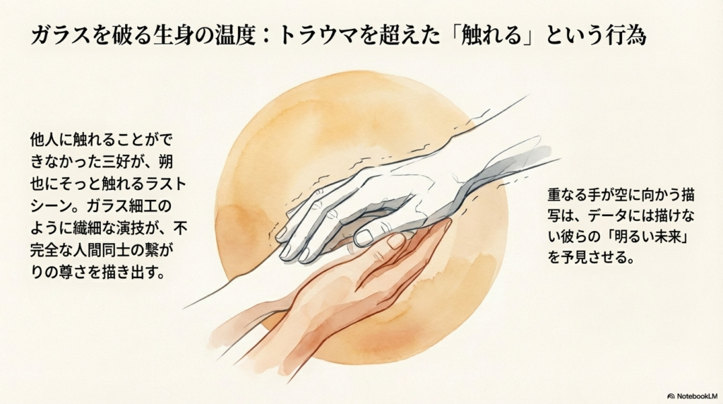 繊細な線で描かれた二人の手が重なり、空に向かっているイラスト。データには描けない明るい未来を予見させる描写。