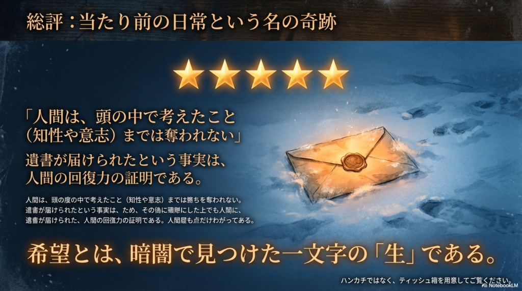「人間の知性や意志までは奪われない」というメッセージと、遺書が届けられた事実という人間の回復力の証明を記した総評スライド