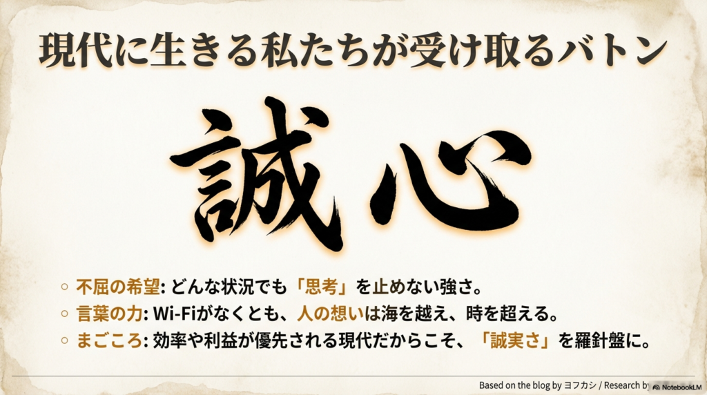 大きく書かれた「誠」「心」の文字。不屈の希望、言葉の力、まごころを大切にするという現代へのメッセージを記した結びのスライド。