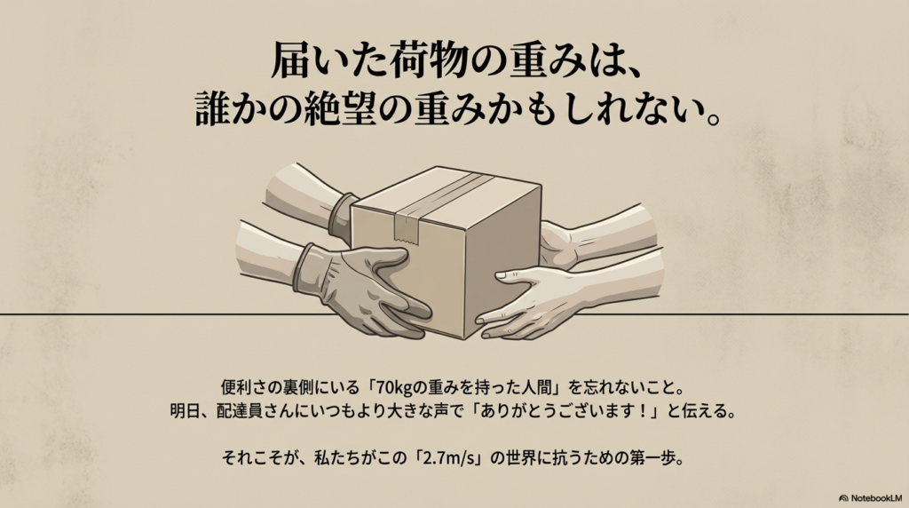 配送員から荷物を受け取る両手のイラスト。「届いた荷物の重みは、誰かの絶望の重みかもしれない」という言葉と、感謝を伝えることが世界に抗う第一歩であると説くスライド 。
