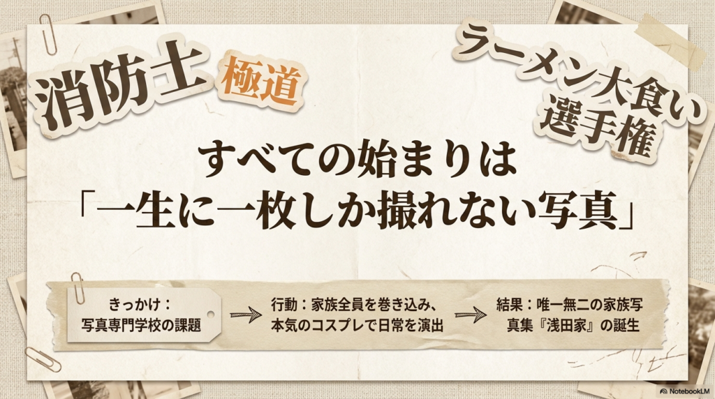 写真専門学校の課題をきっかけに家族全員を巻き込んだコスプレ撮影の始まりを解説するスライド