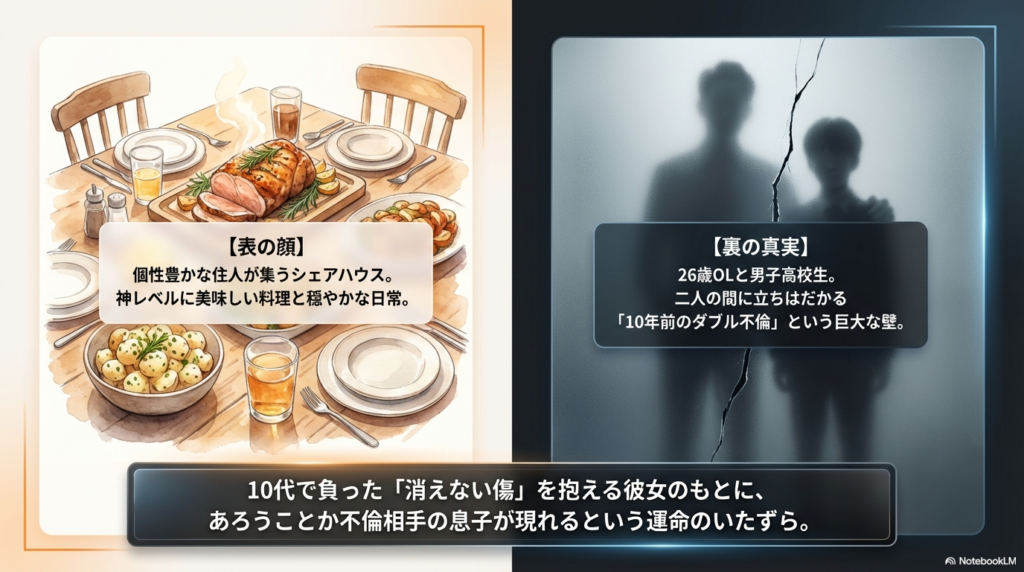 【表の顔】個性豊かな住人が集うシェアハウス。神レベルに美味しい料理と穏やかな日常。【裏の真実】26歳OLと男子高校生。二人の間に立ちはだかる「10年前のダブル不倫」という巨大な壁。あろうことか不倫相手の息子が現れる運命のいたずら。