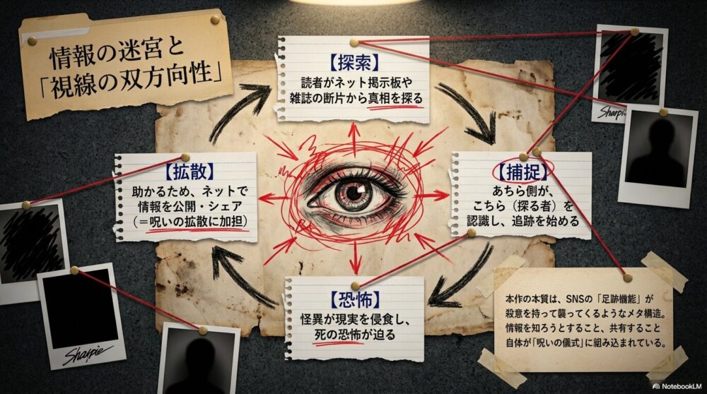 探索・拡散・捕捉・恐怖の4ステップで呪いが進行する図解。SNSの足跡機能が殺意を持って襲ってくるようなメタ構造についての説明。