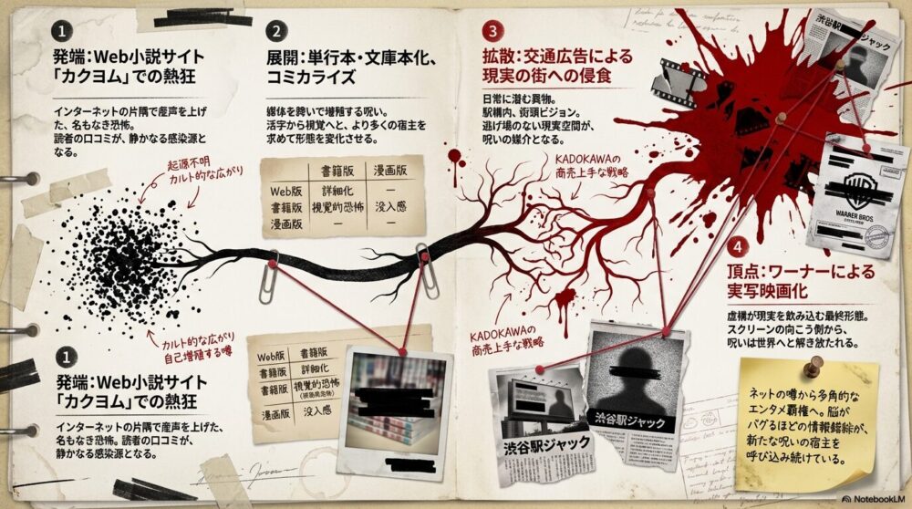 Web小説から書籍、漫画、交通広告、そして実写映画へと、呪いが形態を変えて拡大していく過程をまとめた図。