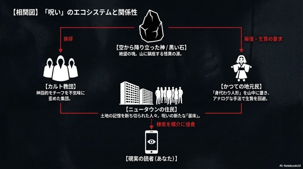 黒い石、カルト教団、ニュータウンの住民、かつての地元民、そして「現実の読者（あなた）」が、検索を媒介に侵食し合う関係性を示した相関図