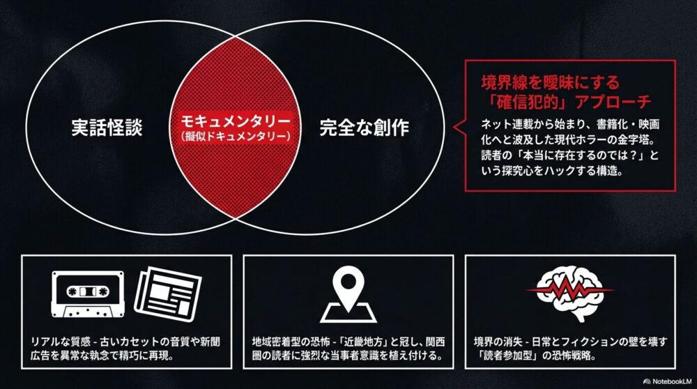 位置情報と脳のアイコン。実話怪談と創作の境界を曖昧にし、古いカセットや新聞広告の質感まで再現して読者の探究心をハックする構造の解説図。
