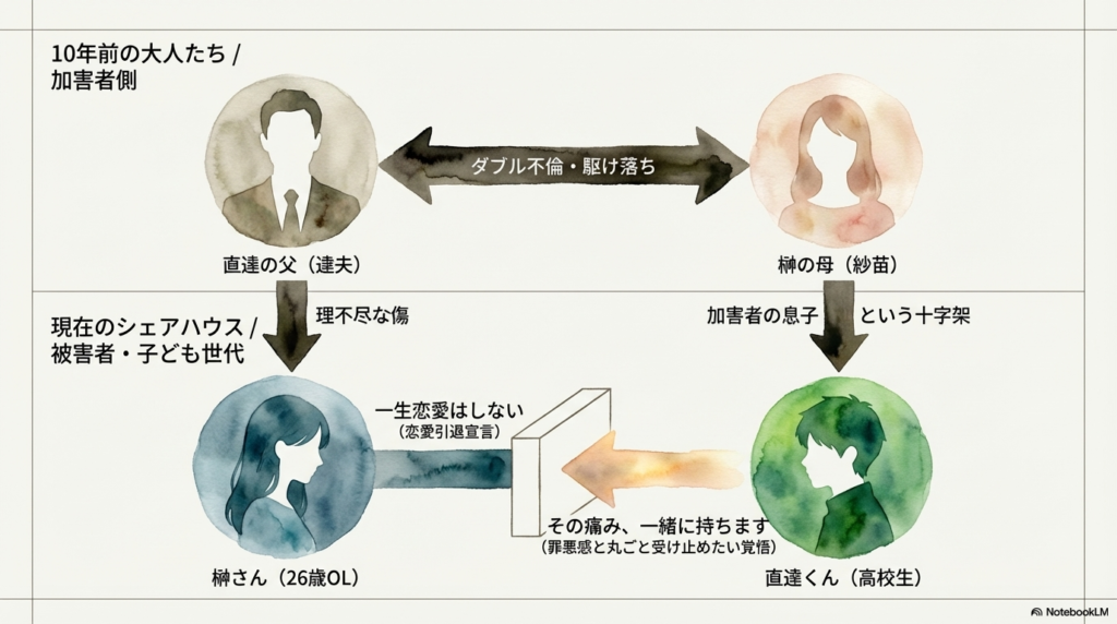 10年前の大人たち・加害者側の直達の父（達夫）と榊の母（紗苗）によるダブル不倫・駆け落ち。現在のシェアハウス・被害者・子ども世代の榊さん（26歳OL）と直達くん（高校生）。榊さんの理不尽な傷と恋愛引退宣言。直達くんが背負う加害者の息子という十字架とその痛み。