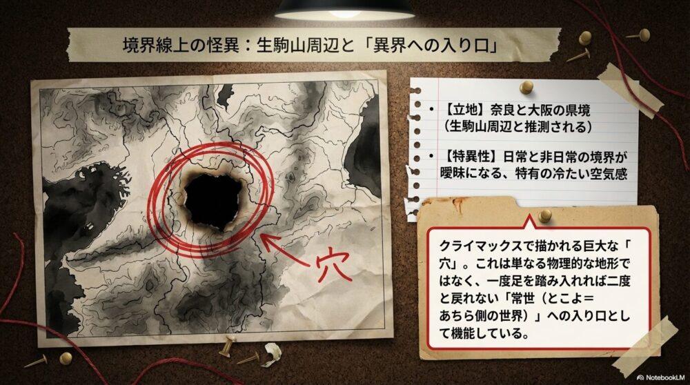 生駒山周辺を赤丸で囲った地図。中心部が焦げた穴のようになっており、「穴」という文字と矢印が書かれている。右側には「一度足を踏み入れれば二度と戻れない常世への入り口」との解説。