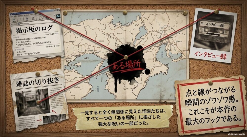 掲示板のログ、雑誌の切り抜き、インタビュー記録など、バラバラだった点が「ある場所」へ収束していくイメージ。