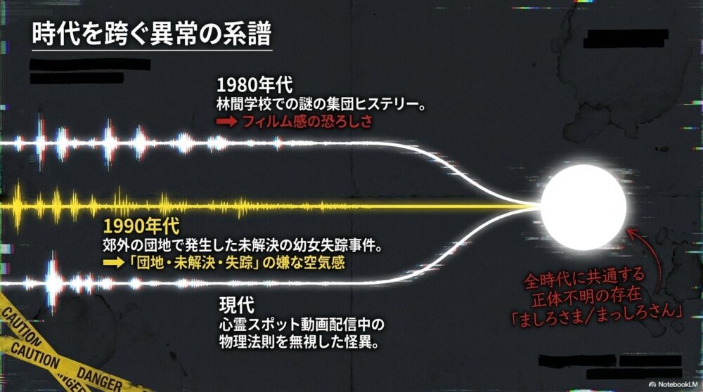 1980年代の集団ヒステリー、1990年代の幼女失踪、現代の動画配信中の怪異と、全時代に共通する「ましろさま／まっしろさん」の存在をまとめたスライド。