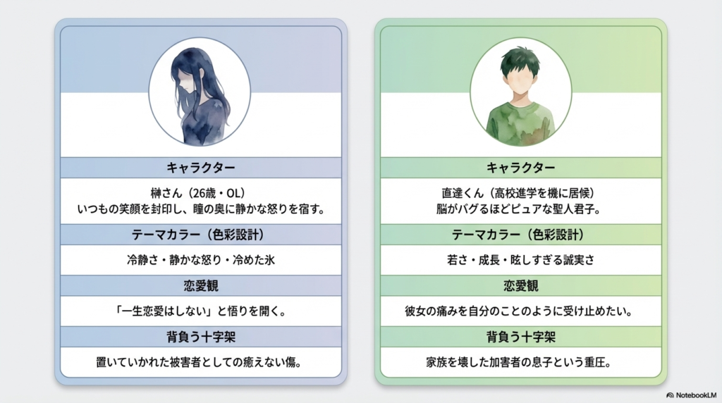 キャラクター設定。榊さん（26歳・OL）：テーマカラーは冷静さ・冷めた氷、恋愛観は「一生恋愛はしない」、背負う十字架は置いていかれた被害者としての癒えない傷。直達くん（高校生）：テーマカラーは若さ・成長、恋愛観は彼女の痛みを受け止めたい、背負う十字架は加害者の息子という重圧。