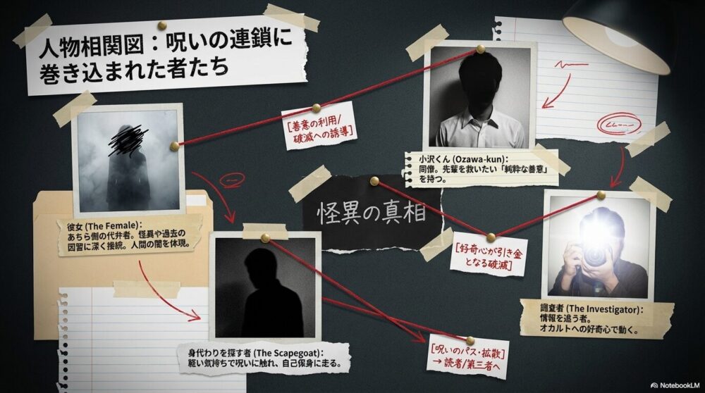 4人の人物（彼女、小沢くん、身代わりを探す者、調査者）の顔写真が並び、それぞれの役割や関係性が赤い糸で結ばれた相関図。