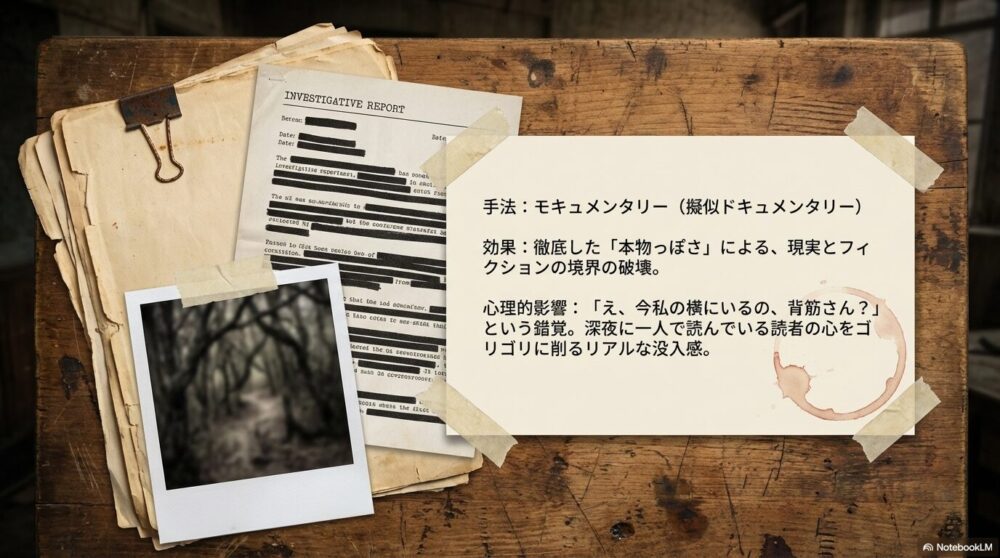 モキュメンタリー手法による「本物っぽさ」が、現実とフィクションの境界を破壊し没入感を生む仕組みの解説。