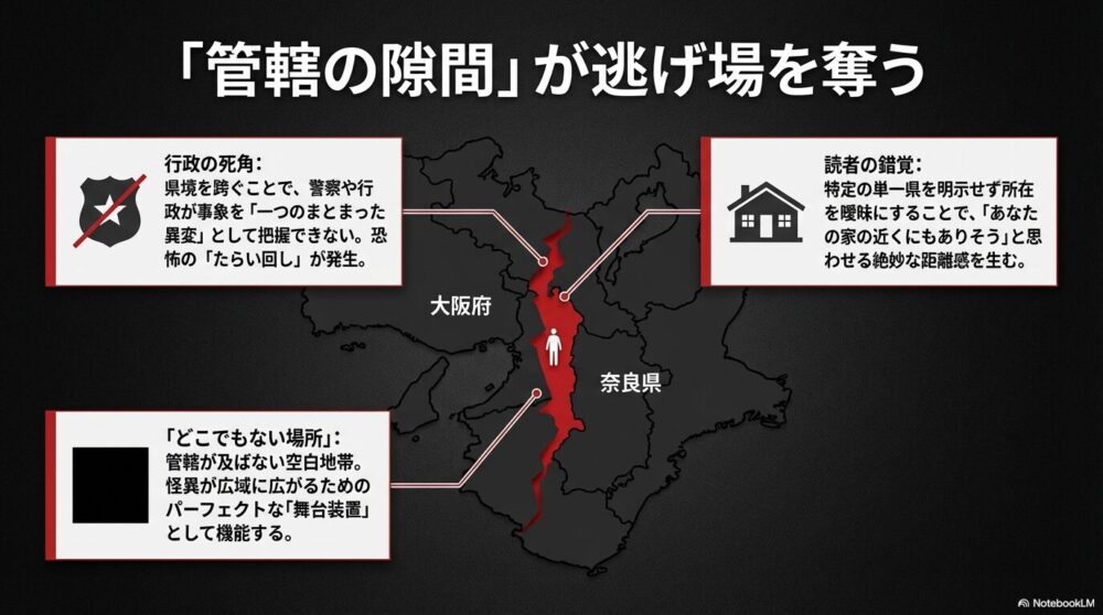 大阪府と奈良県の境界を示す地図。県境を跨ぐことで警察や行政の管轄が及ばず、怪異が広域に広がるための舞台装置として機能する仕組みの図解。