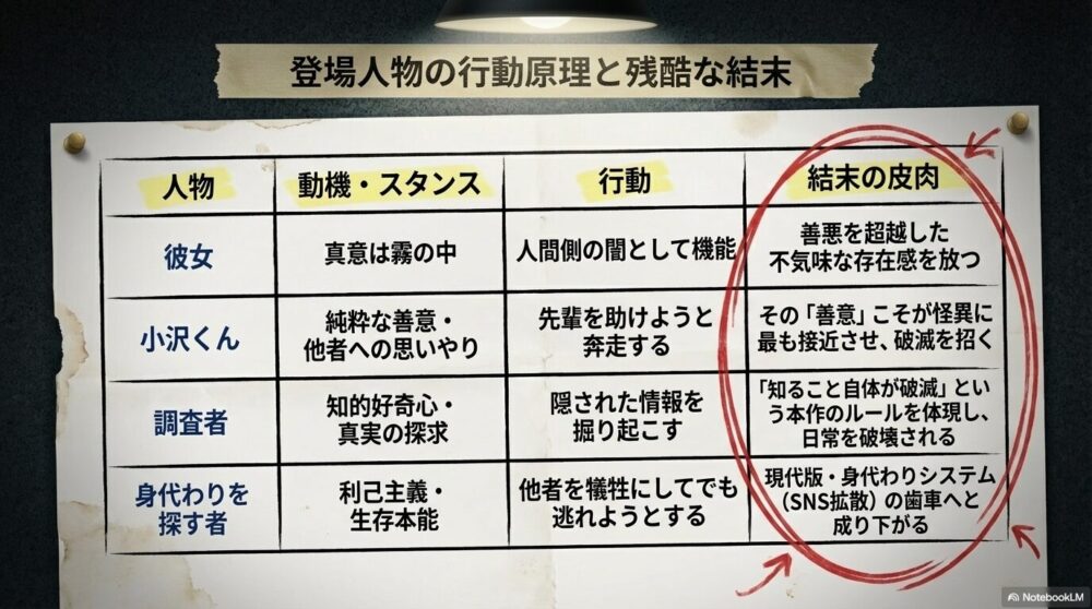 彼女、小沢くん・調査者、身代わりを探す者の動機、行動、結末の皮肉をまとめた比較表。善意が破滅を招く皮肉なルールが記されている。