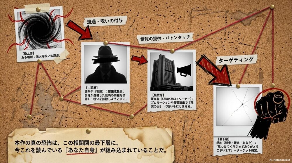 呪いの源泉から、語り手、媒介(出版社)、そして最下層にいる「読者(あなた)」へとつながる恐怖の構造図。