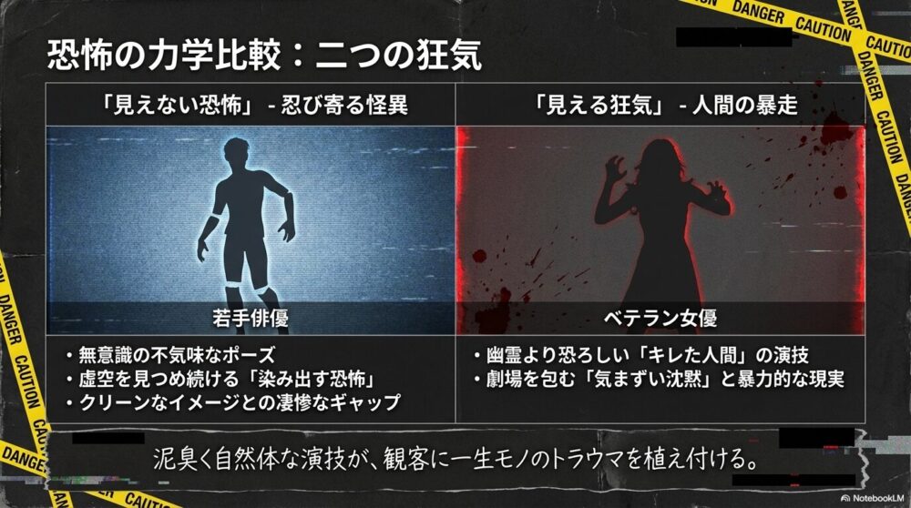 若手俳優（赤楚）の「見えない恐怖」と、ベテラン女優（菅野）の「見える狂気」を比較した表。自然体な演技がトラウマを植え付ける解説。