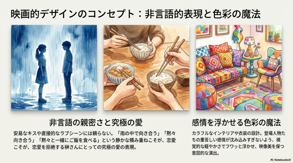 映画的デザインのコンセプト。安易なキスや直接的なラブシーンには頼らない、非言語の親密さと究極の愛。カラフルなインテリアや衣装の設計により、重苦しい感情をフワッと浮かせる色彩の魔法。