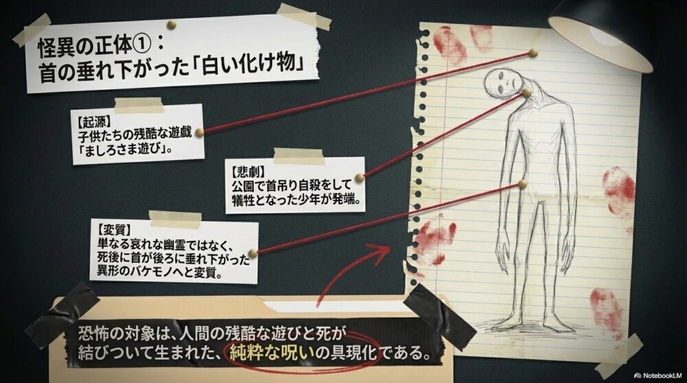 白いバケモノの起源が「ましろさま遊び」や少年の首吊り自殺にあることを解説したスライド。死後に首が後ろに垂れ下がった異形の姿について。