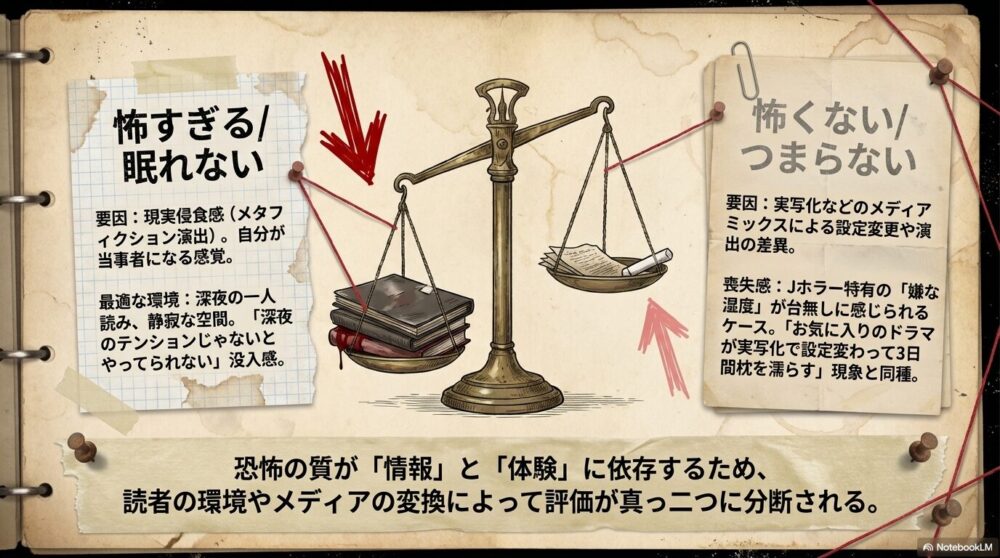 「怖すぎる」と感じるメタ演出の没入感と、「怖くない」と感じるメディア変換による差異を分析したスライド。