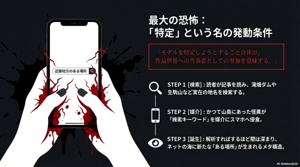 読者が検索キーワードを媒介にスマホへ怪異を侵食させ、ネットの海に新たな「ある場所」を生み出してしまう3ステップのメタ構造解説。