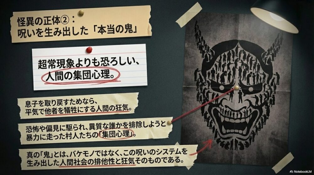 超常現象よりも恐ろしい「人間の集団心理」や「排他性」を真の鬼として解説するスライド。他者を犠牲にする人間の狂気に焦点を当てている。