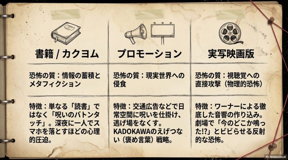 書籍(情報の蓄積)、プロモーション(日常への侵食)、映画(聴覚攻撃)の3つの異なる恐怖の質を比較した表。